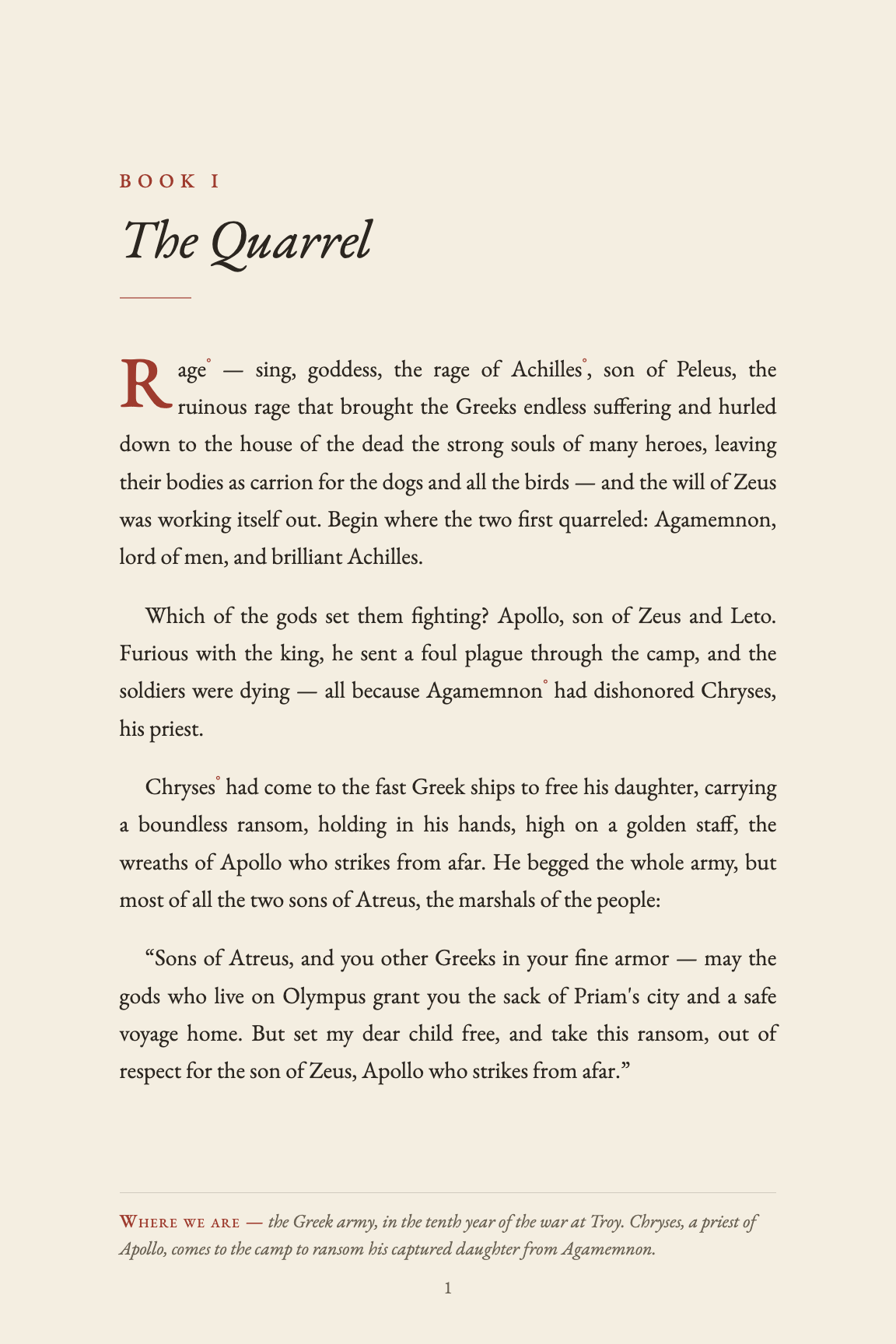 Lectio Modern Edition — The Iliad, Book I: The Quarrel. A beautifully typeset page with footer gloss.