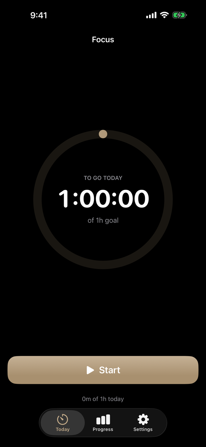Focus on iPhone — a dark screen with a one-hour daily goal countdown and a single Start button