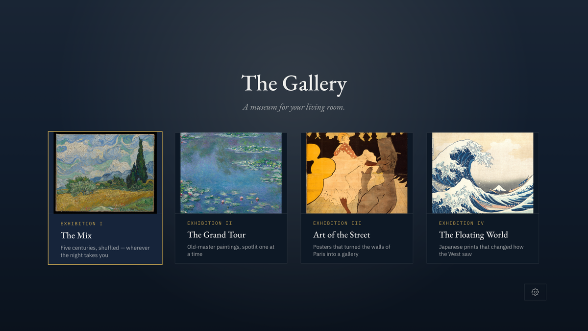 The Gallery home screen on Apple TV — four exhibitions: The Mix, The Grand Tour, Art of the Street, The Floating World