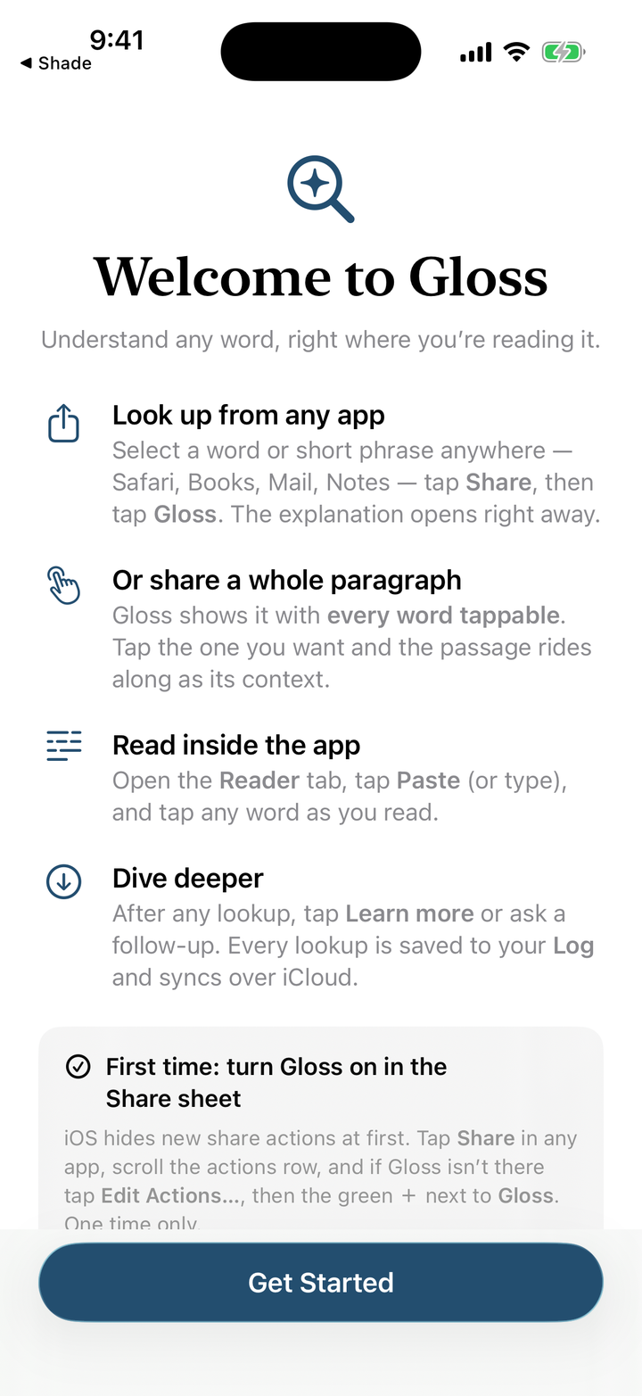 Gloss welcome screen — look up from any app, share a whole paragraph, read inside the app, dive deeper