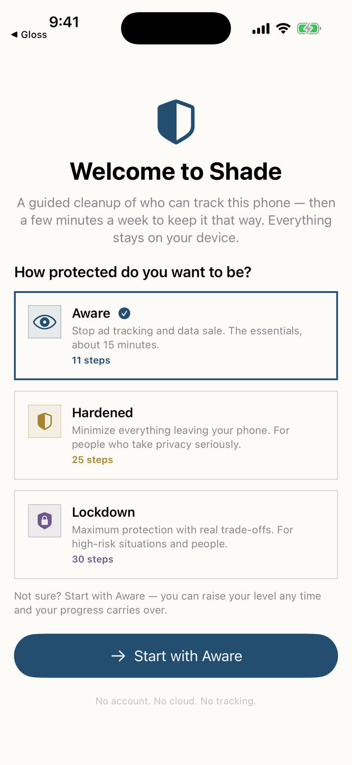 Shade welcome screen — choose a protection level: Basic protection, Hardened, or Lockdown